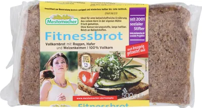 A loaf of bread in its packaging, with a label featuring a woman running and a serving suggestion.