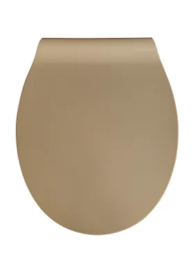 A top-down view of a beige toilet seat on a white background.