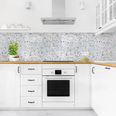 Produktbild von Küchenrückwand Muster selbstklebend - 0.35 mm Wandpaneel wasserfest Terrazzo weiss Abstrakt Spritzschutz fugenlos