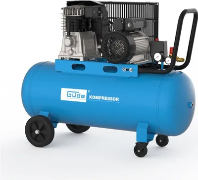 A blue air compressor with a silver and black motor and pump, shown on a white background.