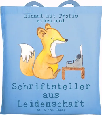 Produktbild von Mr. & Mrs. Panda Tote Bag Schriftsteller Leidenschaft - Sky Blue - Geschenk, Spruch, Shopping Tasche, Buchhandlung, Lustig, Schultasche, Unitasche, Buchladen, Verlag