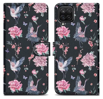 A black phone case with a floral and crane pattern.