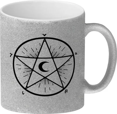 Produktbild von Glitzer-Kaffeebecher mit Pentagramm im gruseligen mystischen Design für Hexen