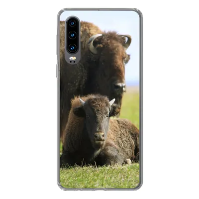 Produktbild von MuchoWow® Handyhülle Schutzhülle Hülle für Huawei P30 Büffel - Gras - Kalb Silikon Softcase Handy Hülle - Kartenbesitzer
