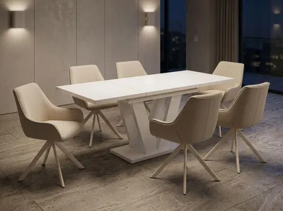 Produktbild von ENDO-Möbel Essgruppe "Lara White" - Esstisch ausziehbar 130-210cm in Kaschmir Beige für 6 Personen mit Stühlen in Leinen-Beige mit Beige Gestell