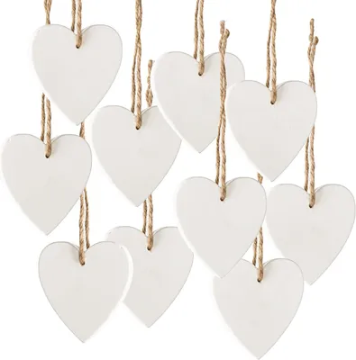 Productafbeelding van Hangers hart hout wit set - Set van 10 - Houten decoratiehanger romantisch klein - Hartvormig - Takken vaas raam