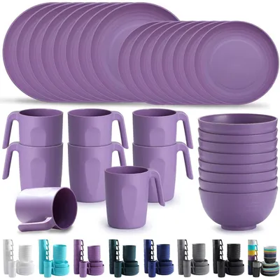 Produktbild von Kunststoffgeschirr Set 32 Teile für 8 Personen, wiederverwendbar, mikrowellengeeignet, BPA-frei, spülmaschinenfest, lila