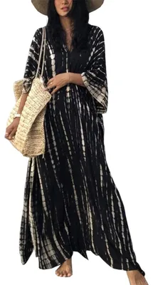 Produktbild von Kimono für Damen – Langes, im Boho-Stil – Maxikleid – Strandkleid – Bequeme Loungewear – V-Ausschnitt mit Puffärmeln