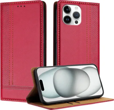Produktbild von Handyhülle für iPhone 13 Pro Max Leder Flip Klappbare Schutzhülle mit Standfunktion Rot