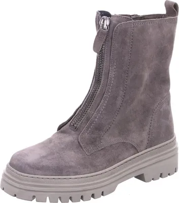A single gray suede boot with a zipper closure.