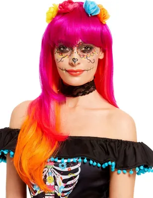 Obrázek produktu pro Paruka Dia de los muertos prodloužení vlasů růžovo-oranžová