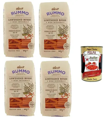 Produktbild von Rummo Pennette Rigate N°70 Glutenfreie Pasta mit Linsen und braunem Reis 4x 300gr + Italian Gourmet polpa 400g