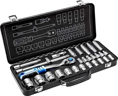 Produktbild von Högert Technik - Werkzeugset, Steckschlüssel und Ausstattungssatz 1/2”, Chrom-Vanadium-Legierungsstahl, Verformungsfest, Ratschenmechanik mit 72 Sperrklinken, HT1R480 - 29-tlg