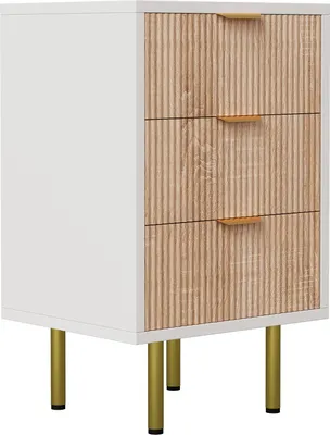 Produktbild von Fortuna Lai Nachttisch 2er Set mit 3 Schubladen Sofatisch Beistelltisch 2 stücke Telefontisch Nachtschrank Nachtkommode Weiß und Holzfarben