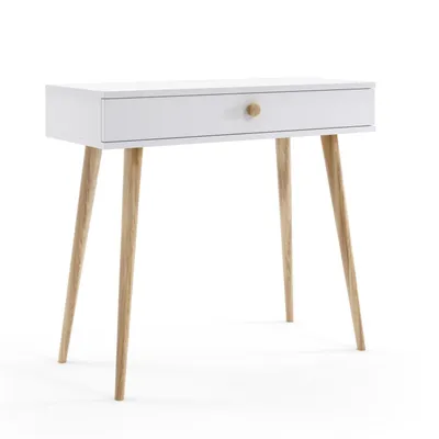 Produktbild von Konsolentisch 90 cm Weiß mit Schublade Holzbeine Boho Skandi Flurtisch modern