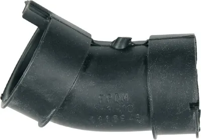 A black plastic hose connector with text printed on it, isolated on a white background.