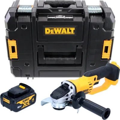 A DeWalt angle grinder set with a storage case and battery, displayed on a white background.