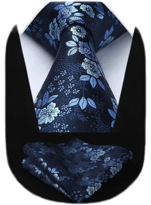 Produktbild von Krawatten- und Einstecktuch-Set Herren Seide Floral Marineblau 8,5 cm Breite