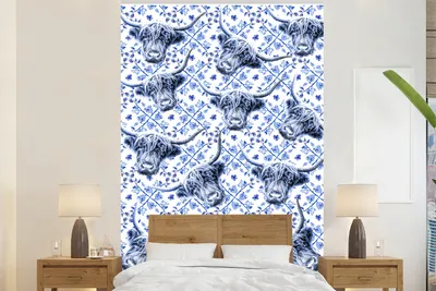 Produktbild von MuchoWow® Fototapete für Wohnzimmer oder Schlafzimmer Wandtapete Vinyl Motivtapete Schottischer Highlander - Tiere - Delfter Blau - 170x260 cm - Wohnzimmertapete