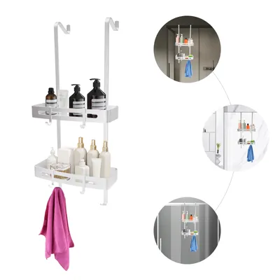 Obrázek produktu pro Sprchová polička 2-úrovňové koupelnové police 32,5 * 12,5 * 73 cm nástěnná police kovová závěsná police (stříbrná)