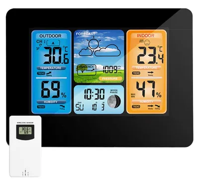 Wetterstation mit Farbdisplay, Außensensor, 12/24h-Modus, Kalender