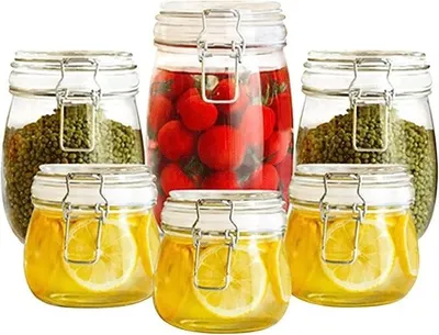 Imagen del producto de Juego de 6 recipientes de vidrio para especias, con tapa de acero inoxidable, ideales para almacenar alimentos. Contenedores de vidrio herméticos para guardar cereales y zumos (750 ml)