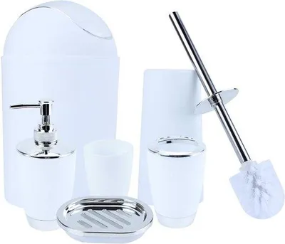 Produktbild von 5-teiliges Badezimmer-Accessoireset - Badezimmerausstattungsset mit Becher - Zahnbürstenhalter - Seifenspender - Handdesinfektionsflasche - Mülleimer - Toilettenbürste - weiß