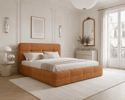 Produktbild von MOEBLO Polsterbett Bett 17 – Doppelbett mit Aragon-Stoff, gepolstertem Kopfteil, Metallrahmen, Bettkasten und Federmechanismus - 160x200 cm - Orange (Aragon 56)