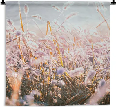 Produktbild von MuchoWow® Wandteppich Wandbehang Gras - Sonne - Winter - Schnee 90x90 cm Tapisserie Dekoration Wandtuch - Wandaufhänger