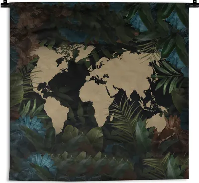 Produktbild von MuchoWow® Wandteppich Wandbehang Weltkarte - Blumen - Blau 150x150 cm Tapisserie Dekoration Wandtuch - Wohnaccessoires - Modernes
