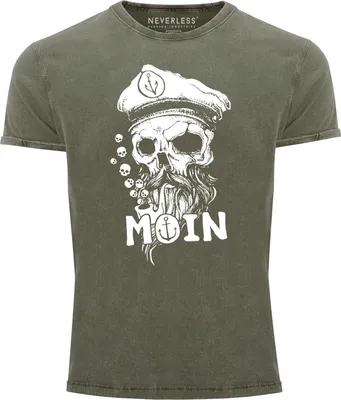 Produktbild von Herren Vintage Shirt Moin Kapitän Totenkopf Anker Bart Hamburg Printshirt T-Shirt Aufdruck Used Look Neverless® oliv L