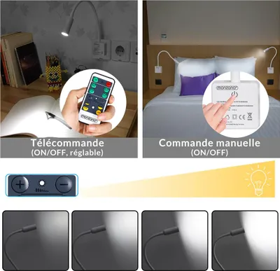 Image de Lampe LED lampe de lecture murale Blanc prise électrique avec Télécommande veilleuse 46,5cm 4W 5000K liseuse lampe chevet