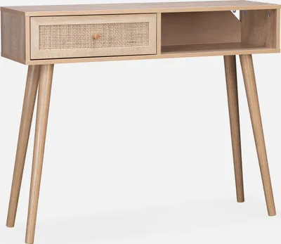 A light wood console table with a rattan drawer front and open shelving, shown against a white background.
