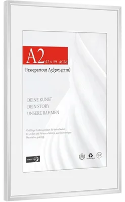 Productafbeelding van Fotolijst A2, 42x59,4 cm, aluminium, zilverkleurig, met passe-partout van 30x42 cm, breukveilig kunstglas, geschikt voor wandmontage