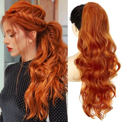 Immagine prodotto di Estensioni per capelli a clip, tipo coda di cavallo, con cordoncino, lunghe, ondulate, afro ricce (color zenzero)