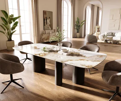 Produktbild von DELIFE Esstisch Edge Boot 260x120 cm Keramik Minas Melange Weiß-Beige Troa Metall Schwarz