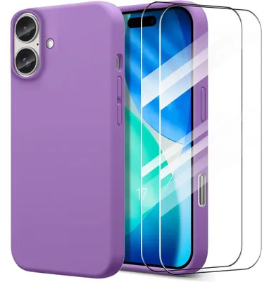 Image de Coque + 2 Verres Trempés pour iPhone 17, Silicone Liquide Antichoc Slim Souple Effet Mat Violet