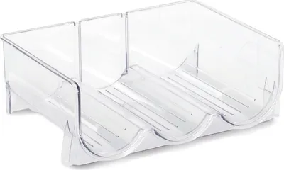 A clear, studio shot of a transparent plastic bottle holder.