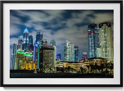 Produktbild von Großstadt bei Nacht– Wandbild mit Rahmen – Gerahmtes Bild  – Wanddekoration – 100x70 cm –  Schwarz Rahmen