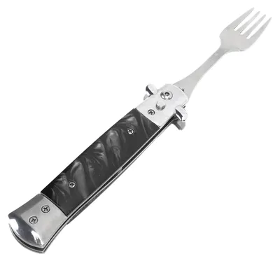 Produktbild von Klappbare Campinggabel mit Federmechanismus, Ein-Knopf-Bedienung, Edelstahl 304, Taschenformat, automatische Federgabel, Schwarz