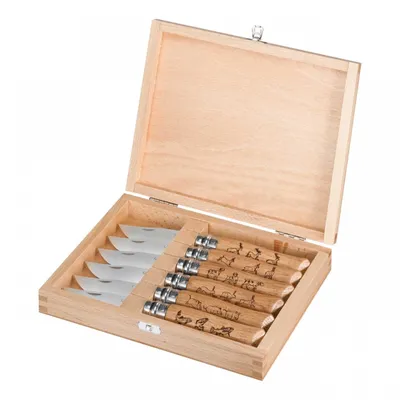 Produktbild von Opinel-Messer, Größe 8, Animalia-Kollektion, Holzbox, Set mit 6 Messern, Sandvikstahl 12C27, rostfrei, Eichenholz