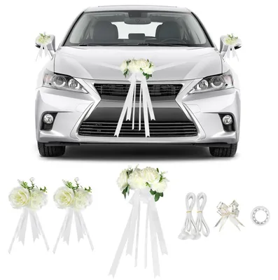 Productafbeelding van Autoversiering voor bruiloft: witte bloemdecoratieset met 3 rozen en een strik