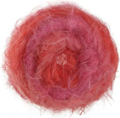 A ball of fluffy yarn in shades of pink, red, and orange.