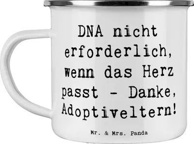 Produktbild von Mr. & Mrs. Panda Emaille Tasse Spruch Liebe Adoptiveltern - Weiß - Geschenk, Teetasse, herzerwärmende Sprüche, becher, Familienpflege, Handgemacht, Elternschaft, Freude