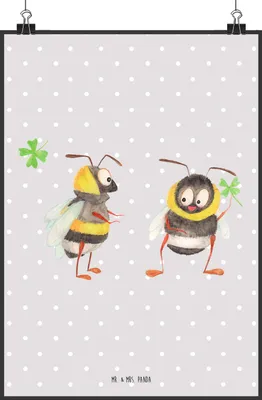Produktbild von Mr. & Mrs. Panda Bild Hummeln Kleeblatt DIN A2 - Grau Pastell - Geschenk, Spruch Positiv, Plakat, glücklich sein, Lustige Sprüche, kunstdruck poster, Biene, wanddeko