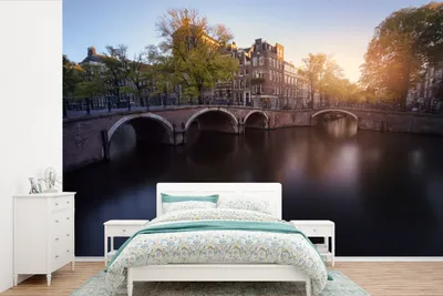 Produktbild von MuchoWow® Fototapete für Wohnzimmer oder Schlafzimmer Wandtapete Vinyl Motivtapete Ein Sonnenuntergang über der Keizersgracht in Amsterdam - 330x220 cm - Fototapeten