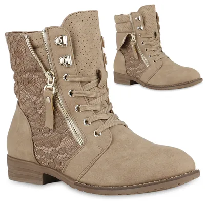 Two beige lace-up ankle boots with side zippers and lace detailing are shown against a white background. One boot is in the foreground, angled slightly, and the other is in the background, showing a side view.