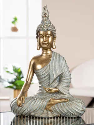 Imagen del producto de Figura decorativa, Buda, "Iluminación", resina artística, gris, dorado, paquete de 2, largo: 12 cm, ancho: 23 cm, alto: 33 cm, código: 57802