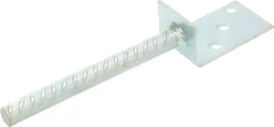 A metal L-shaped post anchor with a rebar-like rod attached, shown against a white background.