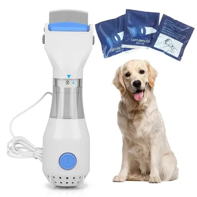 Produktbild von Elektrischer Flohkamm für Hunde & Katzen, Haustierkamm mit Edelstahlzinken, entfernt Flöhe&Läuse,mit Filter,für Lang- und Kurzhaar,2 Ersatz-Filterpads